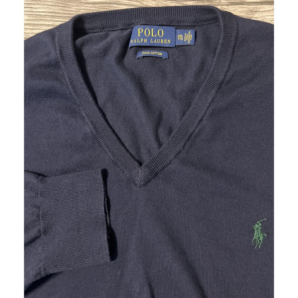 Polo Ralph Lauren V Neck Navy Blue Sweater Men's Size XXL Pima Cotton Green Pony
